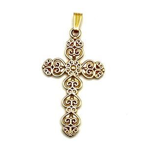 14K Yellow Gold Cross Pendant with flower Design 1.25"